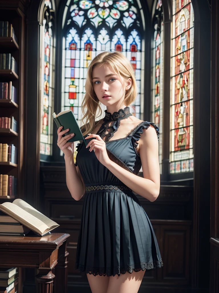 ((masterpiece, best quality, photorealism, RAW quality)), (BLONDE young woman with a perfect face, blue eyes, sharp pupil), ((wearing a short, intricately pleated black antique dress, laces on the chest, showing off her perfect body)) , ((bookstore)), standing on her side reading a green book, leg slightly bent, light illuminating her through a stained glass window.