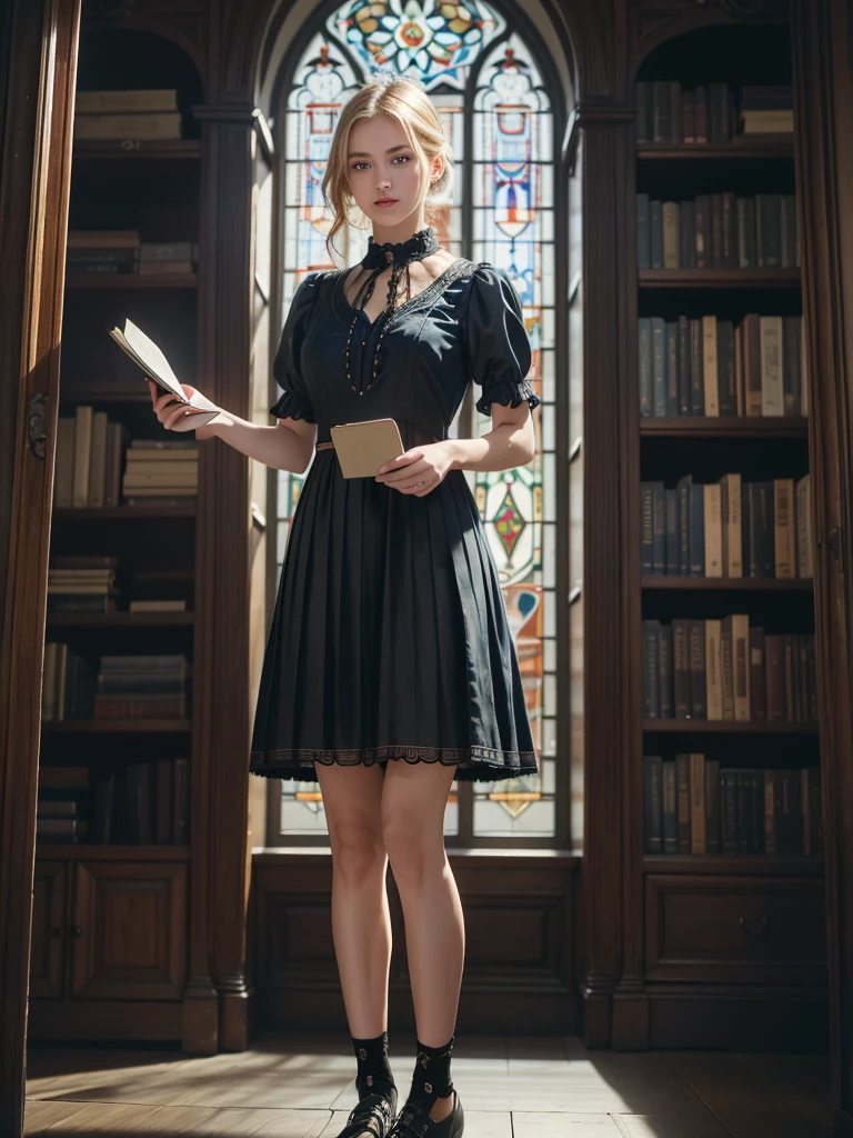 ((masterpiece, best quality, photorealism, RAW quality)), (BLONDE young woman with a perfect face, blue eyes, sharp pupil), ((wearing a short, intricately pleated black antique dress, laces on the chest, showing off her perfect body)) , ((bookstore)), standing on her side reading a green book, leg slightly bent, light illuminating her through a stained glass window.