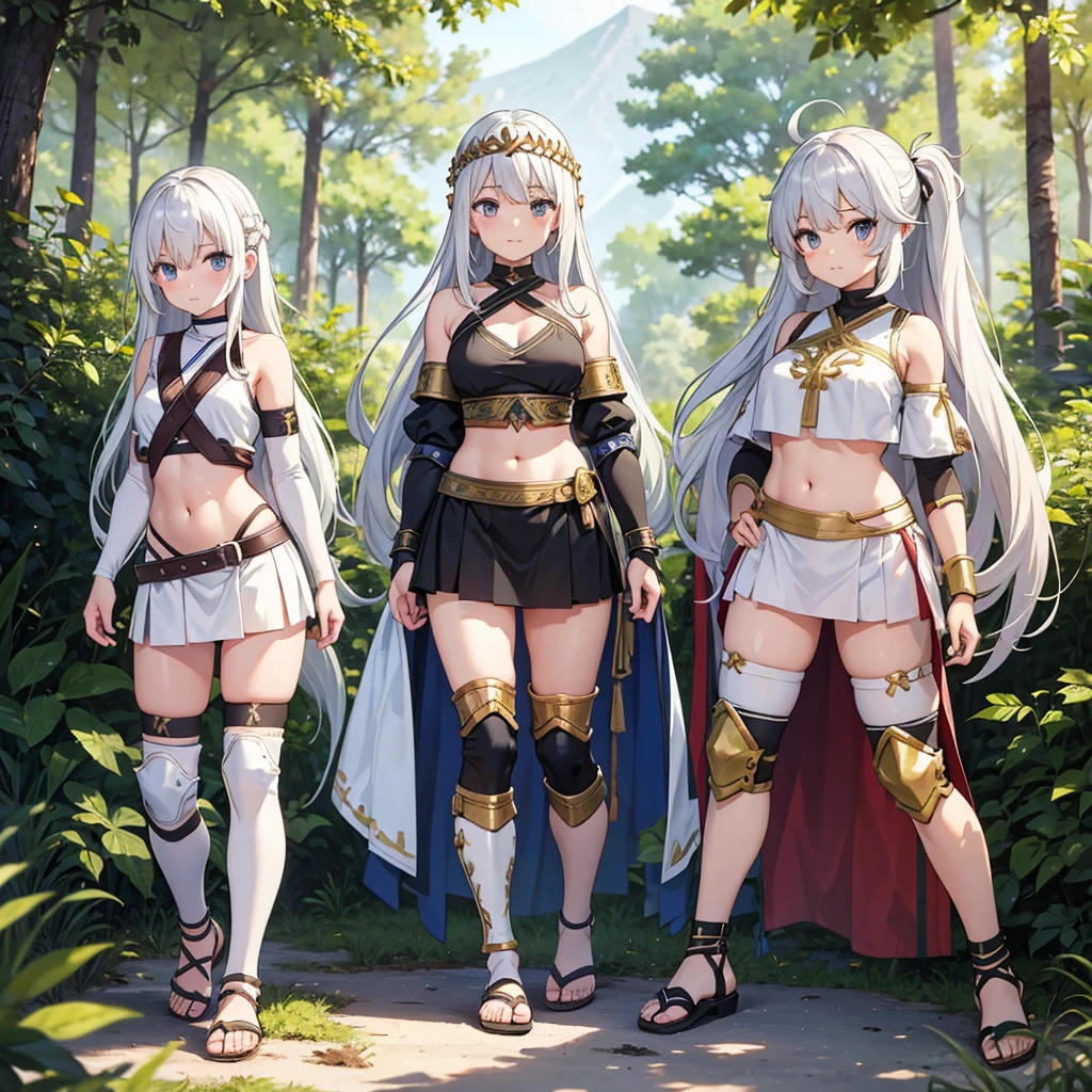 young greek warriors girls in togas , only girls , forest in the background , sandals , WHITE HAIR , forest in the background , light armor , elbow pads, knee pads, shoulder pads, black armor , sandals , sexy, exposed belly, muscular girl, defined abdomen,stomach, multiple girls, looking at viewer , long hair, bare shoulders, outdoors, sandals