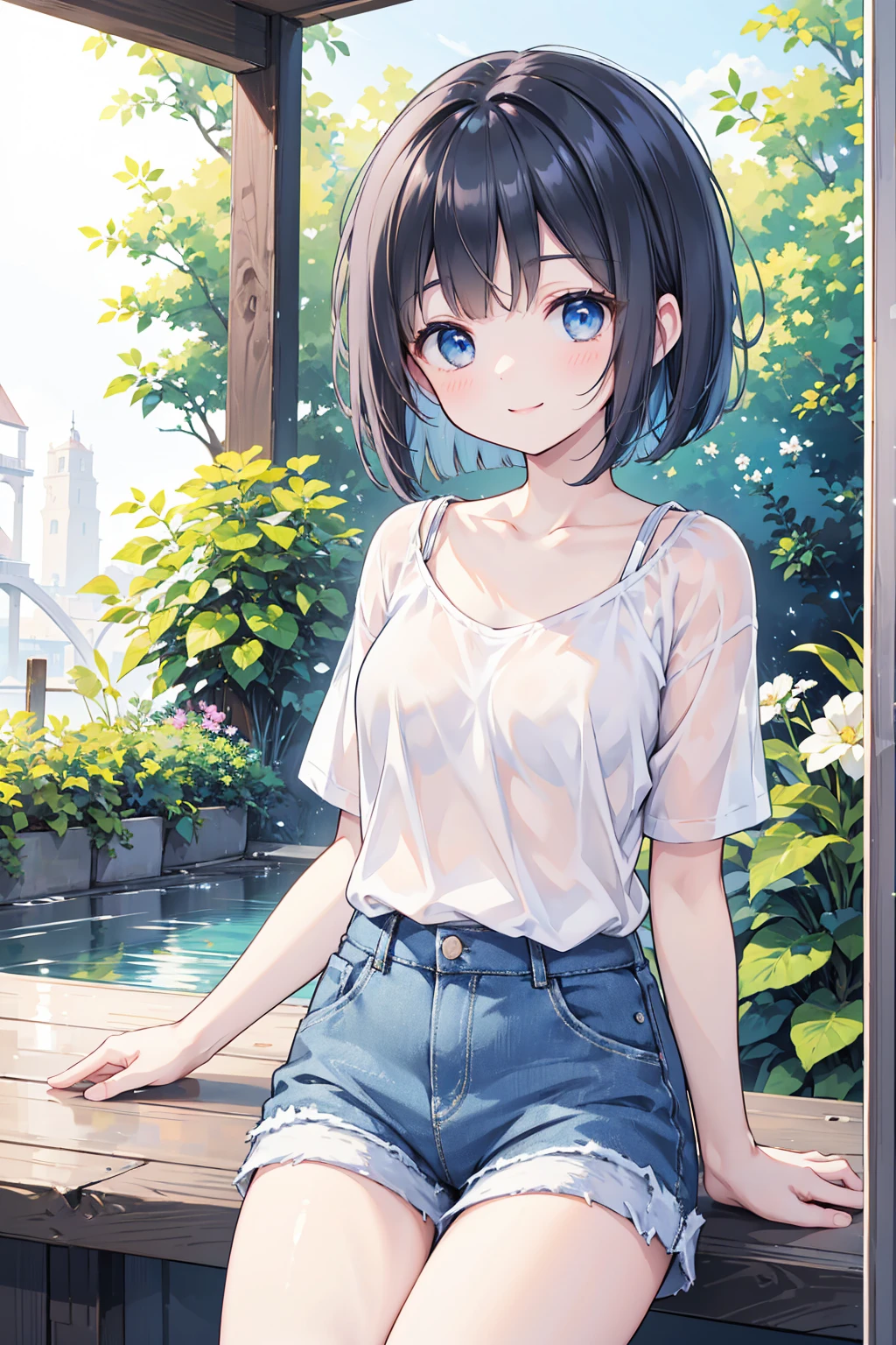 Photorealistic、Highest quality、Highest Resolution、Highest quality、8K、One beautiful woman、cute、Bob cut hair、Dark Hair Color、Pale blue eyes、Beautiful breasts、Casual clothing、White T-shirt、Blue shorts、Workcap、depart、looks fun、Frolic with a smile、