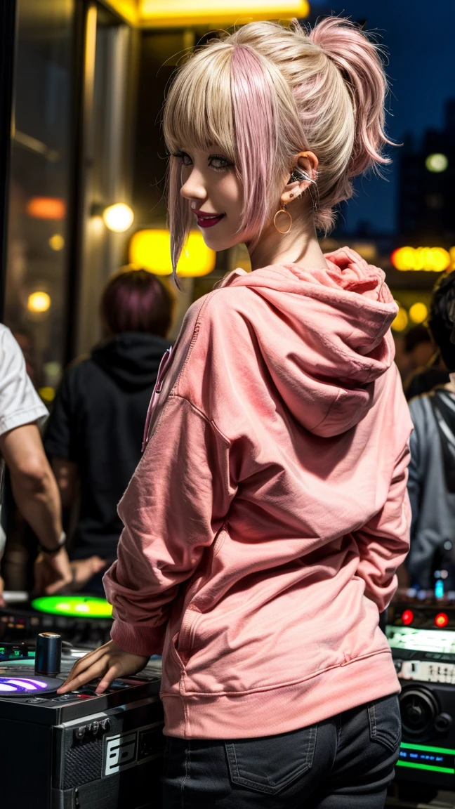 Highest quality, Tabletop, Ultra-high resolution, (Realistic:1.4), (Japanese Idols),RAW Photos, One Girl, night,Detailed skin,nightclub,Disco,(blonde:1.2), (Pink inner hair:1.3),Glossy Lips,smile,21 years old,Beautiful and beautiful eyes,eye shadow,Diamond jewellery,Earrings,Gold Jewelry,(hoodie:1.3),,(Shoulder strengthening:1.2),A well-trained body,(Pixie Cut),Round face,(playing music as a DJ:1.5), (DJ:1.2) Vibrant performances (Music Festival:1.2) and (Lively crowd:1.1) and (Colorful stage lighting:1.1), (Back view:1.5 ),Back view,A slightly distant composition,(back of head)