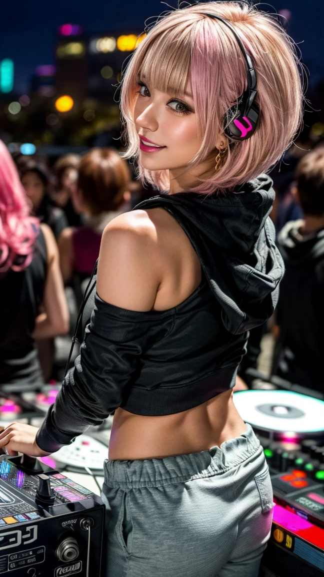 Highest quality, Tabletop, Ultra-high resolution, (Realistic:1.4), (Japanese Idols),RAW Photos, One Girl, night,Detailed skin,nightclub,Disco,(blonde:1.2), (Pink inner hair:1.3),Glossy Lips,smile,21 years old,Beautiful and beautiful eyes,eye shadow,Diamond jewellery,Earrings,Gold Jewelry,(hoodie:1.3),,(Shoulder strengthening:1.2),A well-trained body,(Pixie Cut),Round face,(playing music as a DJ:1.5), (DJ:1.2) Vibrant performances (Music Festival:1.2) and (Lively crowd:1.1) and (Colorful stage lighting:1.1), (Back view:1.5 ),Back view,A slightly distant composition,(back of head)