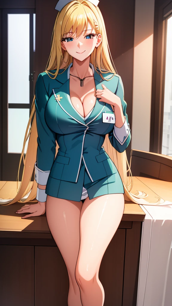 (of the highest quality:1.5, high resolution, 超high resolution, 4k, detailed lighting, Shaders, perfect hand anatomy), blonde straight hair, big breasts, nurse uniform, neckline, Thighs, SMILE, to throw, close up photography, They are standing, Hospital history