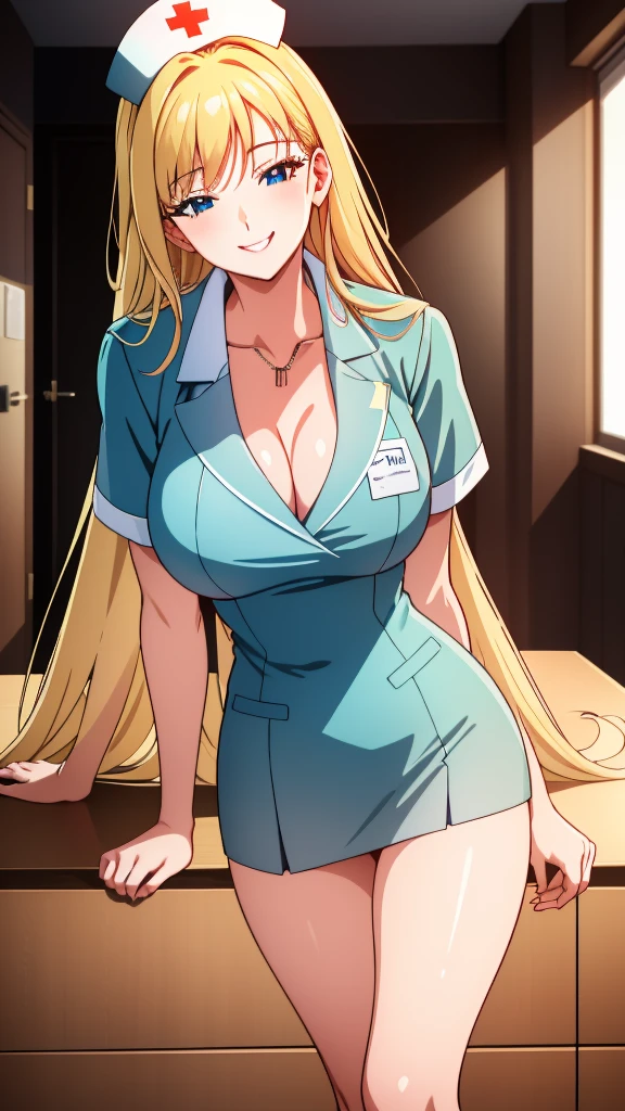 (of the highest quality:1.5, high resolution, 超high resolution, 4k, detailed lighting, Shaders, perfect hand anatomy), blonde straight hair, big breasts, nurse uniform, neckline, Thighs, SMILE, to throw, close up photography, They are standing, Hospital history