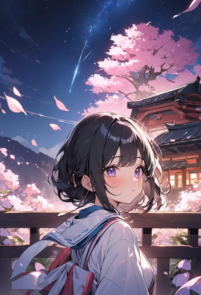(Highest quality, masterpiece),(One girl, Shrine maiden, coat, expression, Iris, Look ahead ,Black Hair, walk, Upper Body), (Night maze sky, Huge old tree behind, Shiny pink petals fall behind, The shrine behind, Mountain Background, Blowing Wind, meteor cloud)