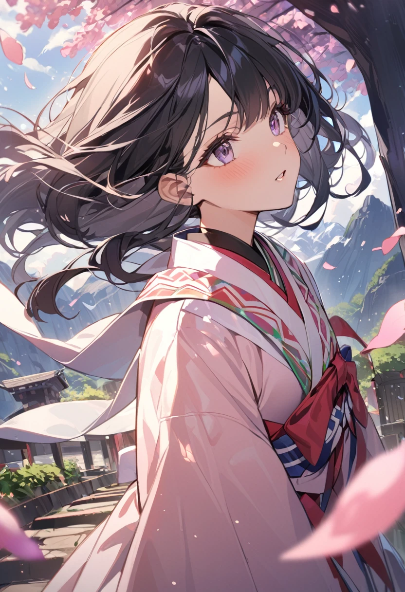 (Highest quality, masterpiece),(One girl, Shrine maiden, coat, expression, Iris, Look ahead ,Black Hair, walk, Upper Body), (Night maze sky, Huge old tree behind, Shiny pink petals fall behind, The shrine behind, Mountain Background, Blowing Wind, meteor cloud)