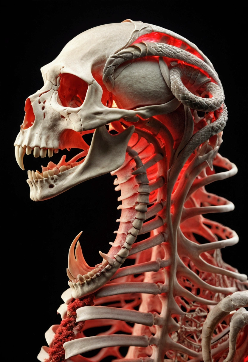 Side profile view: Snake skeleton with ribs, bones and head receiving soft red light from below, some mosses on the back and dead snake skin