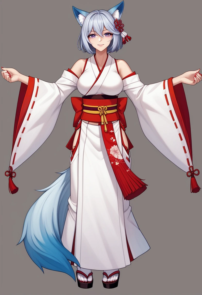 (masterpiece, best quality:1.2)((silver white hair))((violet eyes)),solo,1girl,((eyes tilted outwards)), ((standing_fox_ears)),((fluffy_fox_tail)), milf ,averting_eyes,hair_between_eyes,basic_blue_hairpin,blue_nail_polish,bob_hair,short_hair, (medium breasts), nontraditional_miko, non_revealing_outfit, japanese_clothing, red_skirt, blue_miko_clothing, (reference images)