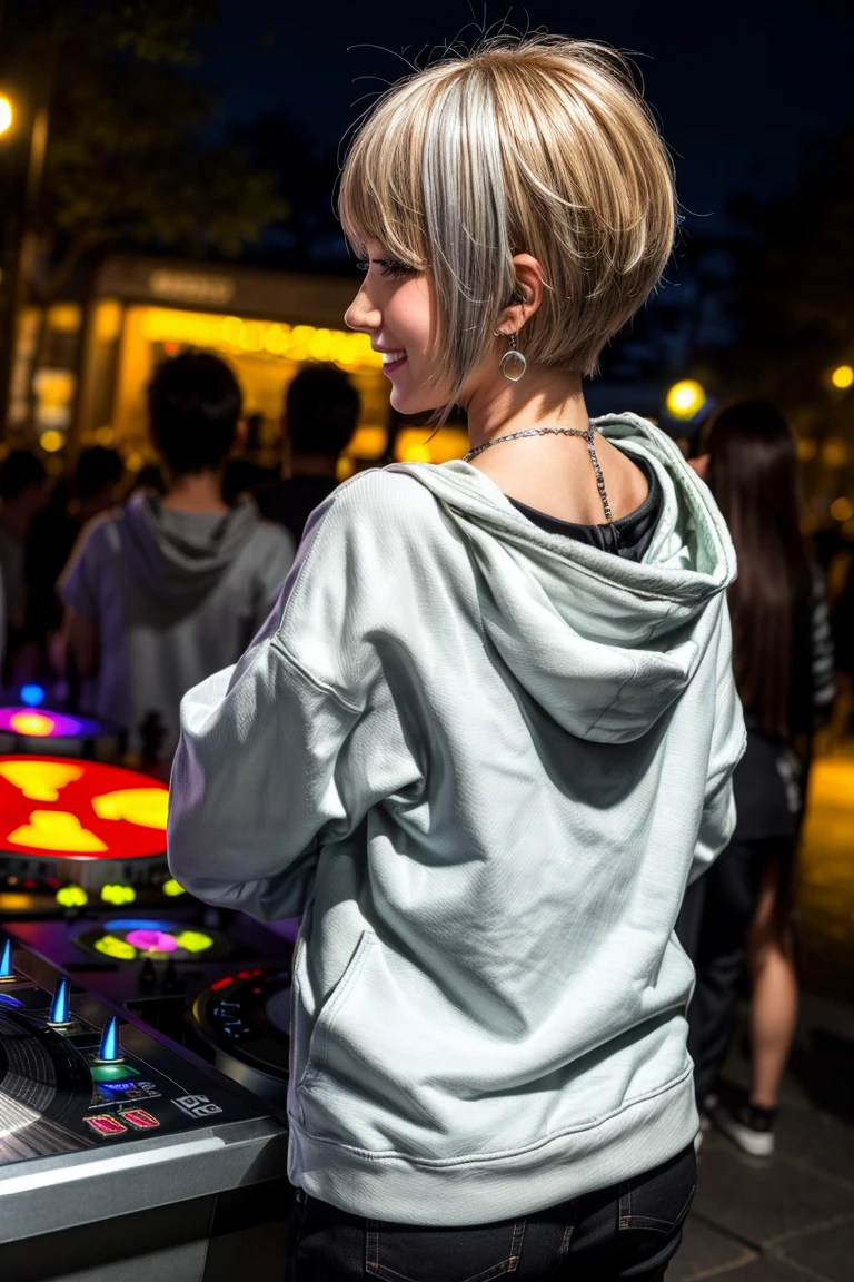 Highest quality, Tabletop, Ultra-high resolution, (Realistic:1.4), (Japanese Idols),RAW Photos, One Girl, night,Detailed skin,nightclub,Disco,(blonde:1.2), (Silver inner hair:1.3),Glossy Lips,smile,21 years old,Beautiful and beautiful eyes,eye shadow,Diamond jewellery,Earrings,Gold Jewelry,(hoodie:1.3),,(Shoulder strengthening:1.2),A well-trained body,(Pixie Cut),Round face,(playing music as a DJ:1.5), (DJ:1.2) Vibrant performances (Music Festival:1.2) and (Lively crowd:1.1) and (Colorful stage lighting:1.1), (Back view:1.5 ),Back view,(A slightly distant composition),(back of head),Composition from behind