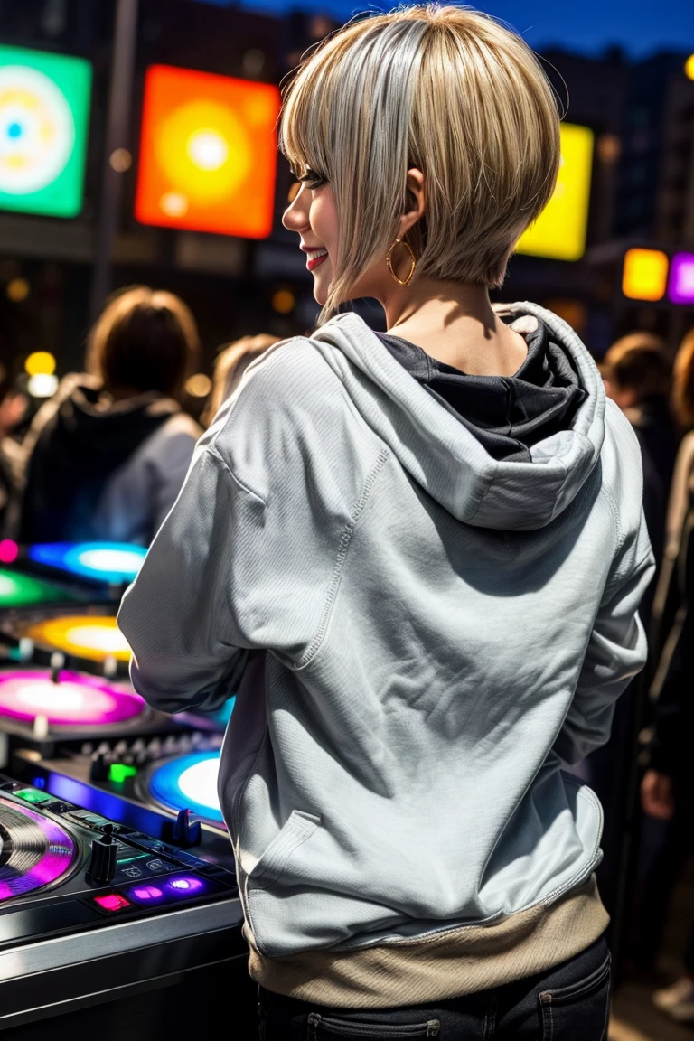 Highest quality, Tabletop, Ultra-high resolution, (Realistic:1.4), (Japanese Idols),RAW Photos, One Girl, night,Detailed skin,nightclub,Disco,(blonde:1.2), (Silver inner hair:1.3),Glossy Lips,smile,21 years old,Beautiful and beautiful eyes,eye shadow,Diamond jewellery,Earrings,Gold Jewelry,(hoodie:1.3),,(Shoulder strengthening:1.2),A well-trained body,(Pixie Cut),Round face,(playing music as a DJ:1.5),  (DJ:1.2) Vibrant performances (Music Festival:1.2) and (Lively crowd:1.1) and (Colorful stage lighting:1.1), (Back view:1.5 ),Back view,(A slightly distant composition),(back of head),Composition from behind