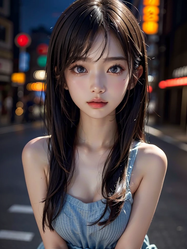 1girl, Tokyo street,night, cityscape,city lights, upper body,close-up, 8k, RAW photo, best quality, masterpiece,realistic, photo-realistic, Bule eye:1.2, parted bangs, long hair, front cover,