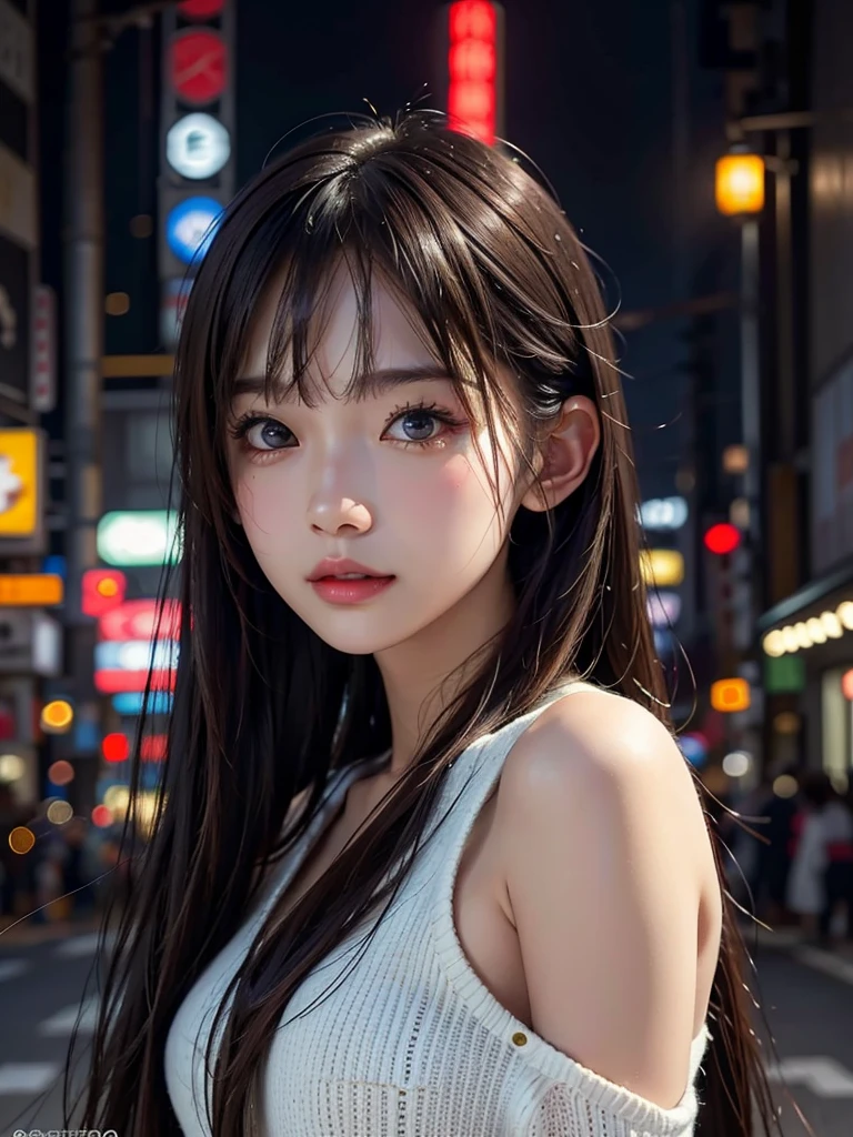 1girl, Tokyo street,night, cityscape,city lights, upper body,close-up, 8k, RAW photo, best quality, masterpiece,realistic, photo-realistic, Bule eye:1.2, parted bangs, long hair, front cover,