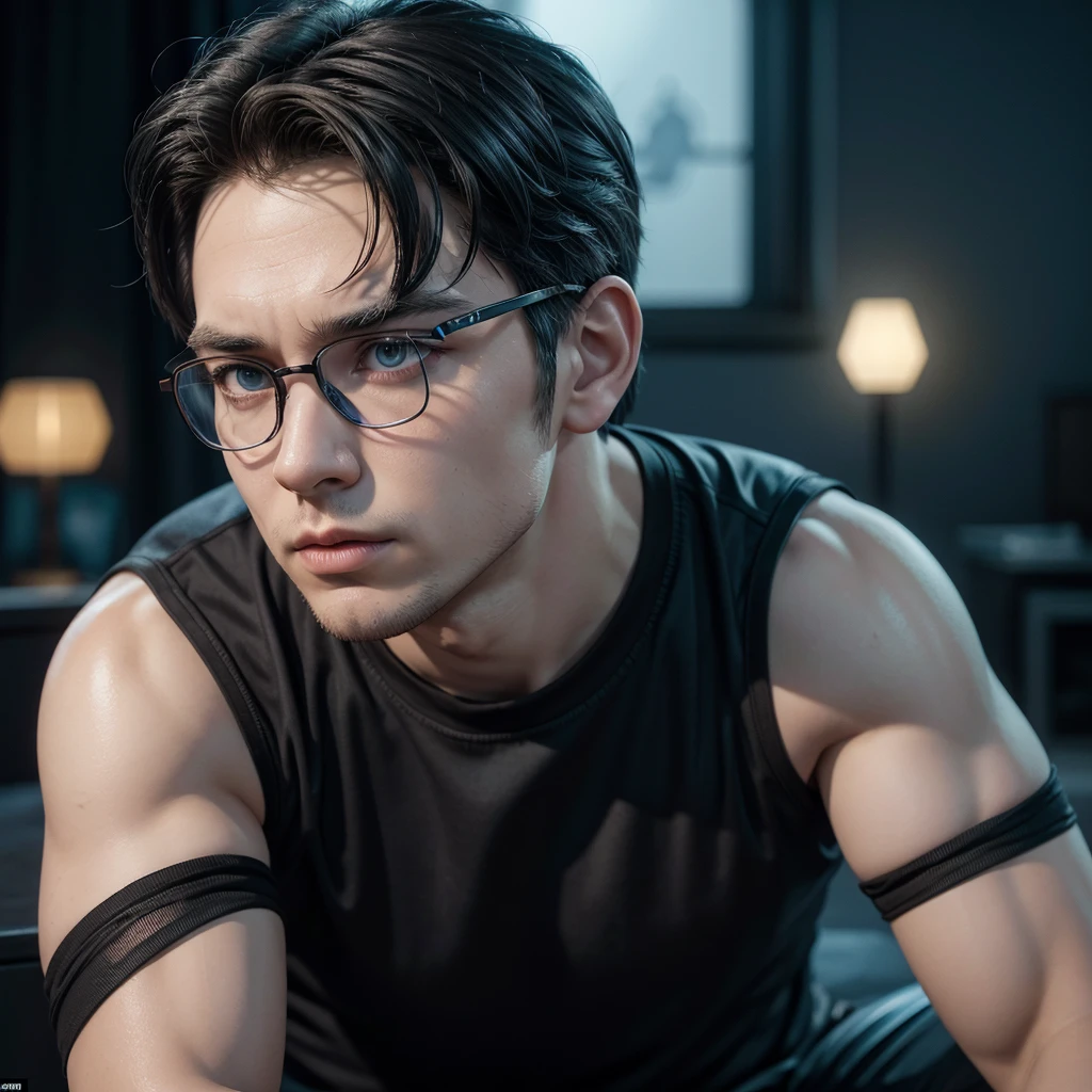 Cartoon character of a man in black glasses and blue shirt, an animated character, stylized character, animation style rendering, 3d stylized, Arnold Maya rendering, Stylized 3D rendering, toon render screenshot, 3d character, 3d character, Stylized 3D rendering, 3D character rendering, cartoon character, Personagem de close up, character posing, (Pixar-style) (master part:1.2) (bokeh) (best qualityer) (skin detailed) (detailed texture) (8k) (Argilla) (cinematic lighting) (sharp focus,Sit down and lift your upper body