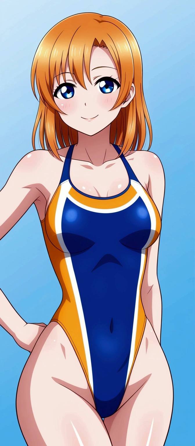 (Masterpiece, Best Quality, High Quality), professional artwork, well drawn, Intricate Details,solo,
Kousaka honoka, blue eyes, orange hair, looking_at_viewer, cowboy shot, one-piece swimsuit,low cut at hips,
