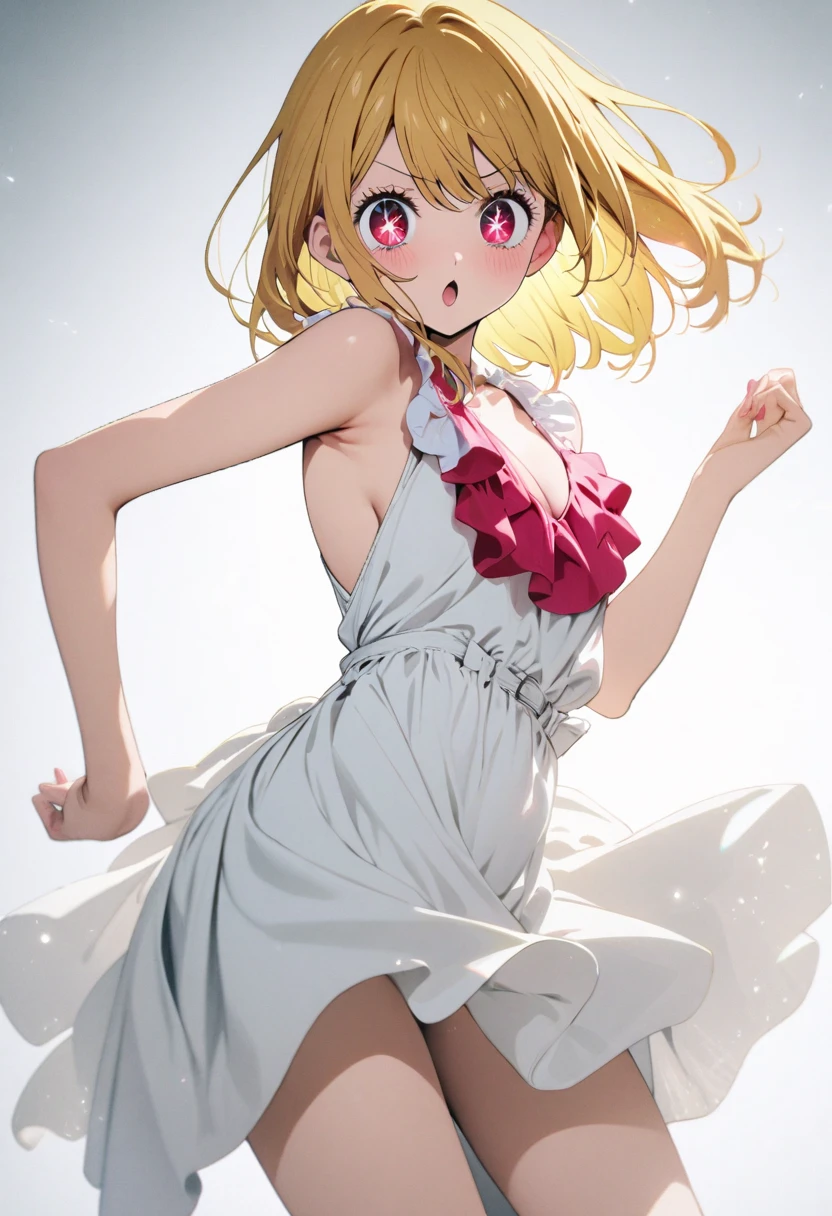 hoshino ruby, oshi no ko,blonde hair,side tail,One pupil is star-shaped,one piece dress,gravure posing,studio lighting, fashion photoshoot, white background,masterpiece, best quality, absurdres,
