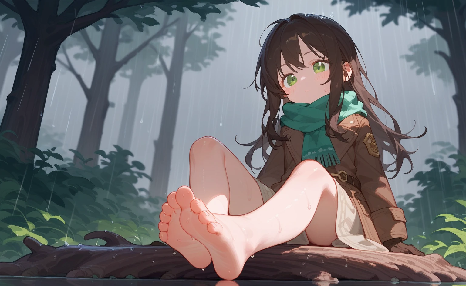 ung girl,Dark brown long hair,scarf,green Eyes,Close one eye,blush,sweat,barefoot,Foot Focus,Stretch your feet in front of the camera,Clear and beautiful toes,coat,cute,rain,Puddles,Reflection,透明rain衣,Long skirt,Sitting on a tree stump,Strict and conservative dress,Gloves