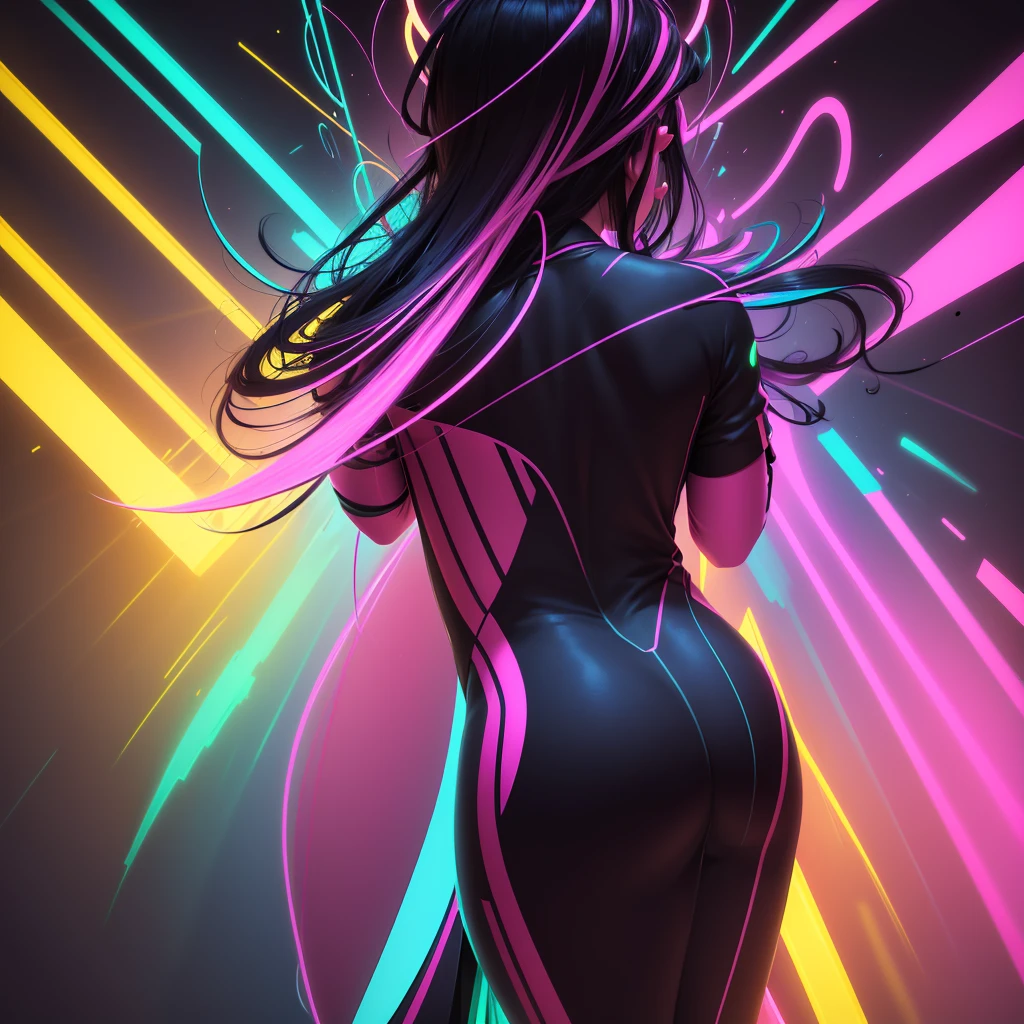 Create an image featuring vibrant neon-colored lines. The lines should be bold and dynamic, with a variety of neon colors such as pink, blue, green, and purple. Arrange the lines in an abstract, energetic pattern that flows across the canvas, intersecting and creating a sense of movement and depth. The background should be dark or black to enhance the luminosity of the neon colors. The lines can vary in thickness and intensity, with some appearing to glow more brightly than others, adding a sense of depth and contrast to the composition.