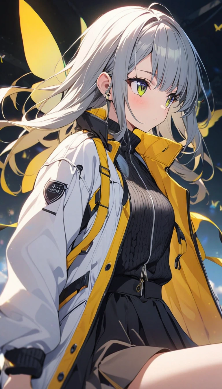Butterflies are flying、Looking to the side、1girl, looking sideway, stylish, stylish code, large jacket