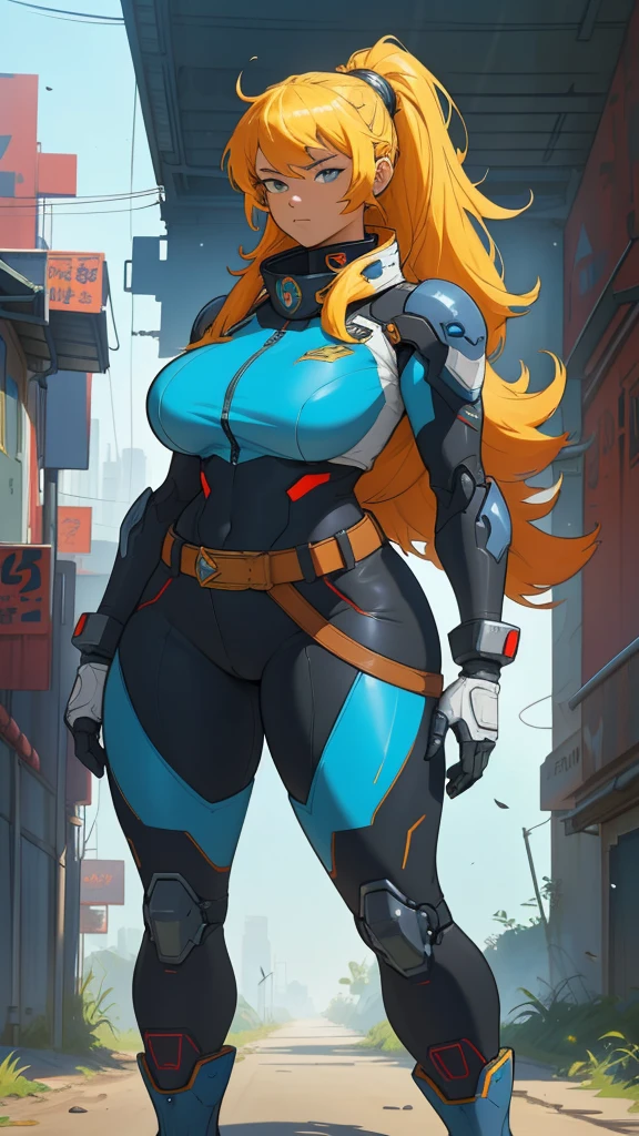 Close-up of a plump girl in a mechanical bodysuit, ((character concept art)), ((Character design sheet, same character, on front, from on the side, At the back)) Character image, mecha game character design, Mecha game character design, long hair, hair color: Blondie with blue bangs, Age: , eyecolor: black, She wears gloves on her hands, Wears mecha boots. During the use of certain abilities, A soft helmet is formed on the head of  nano parts. She has a code name around her neck, expert high detail concept art, Concept art of a mecha armored girl, Fun character design. ConceptArt, belt buckle at the waist,Mecha style weapons,A