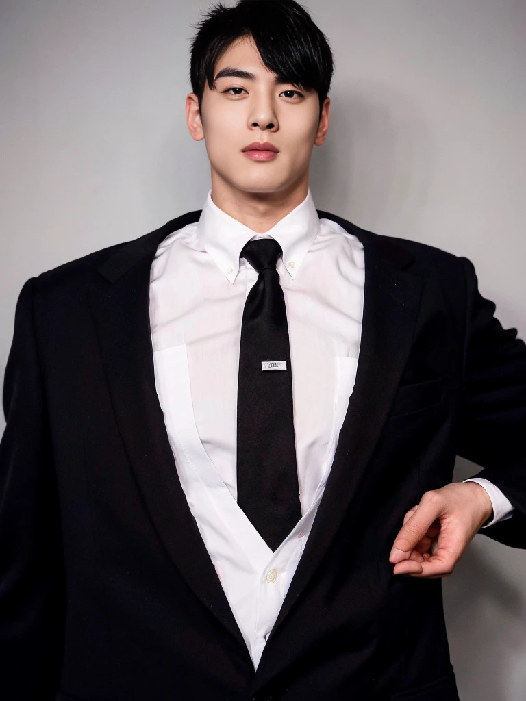 1 handsome Japanese guy，27years old，justice majesty，wearing black uniform，Wear a red tie，tall，Muscular，Muscles look good，hairy bodies，with fair skin，黑The eye（thin eyes 1：3），fully body photo