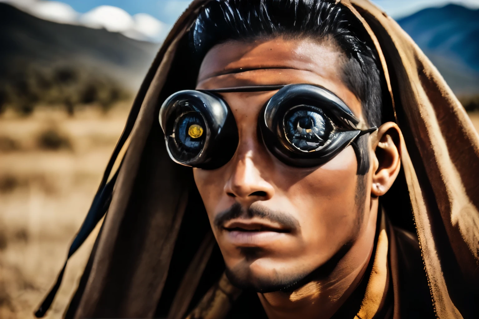 Man, Colombian native, ((cyclope)), ((((one eye)))), devil eye, four ears, naked, en plein air, Realism, film grain, motion blur, cowboy shot, high quality
