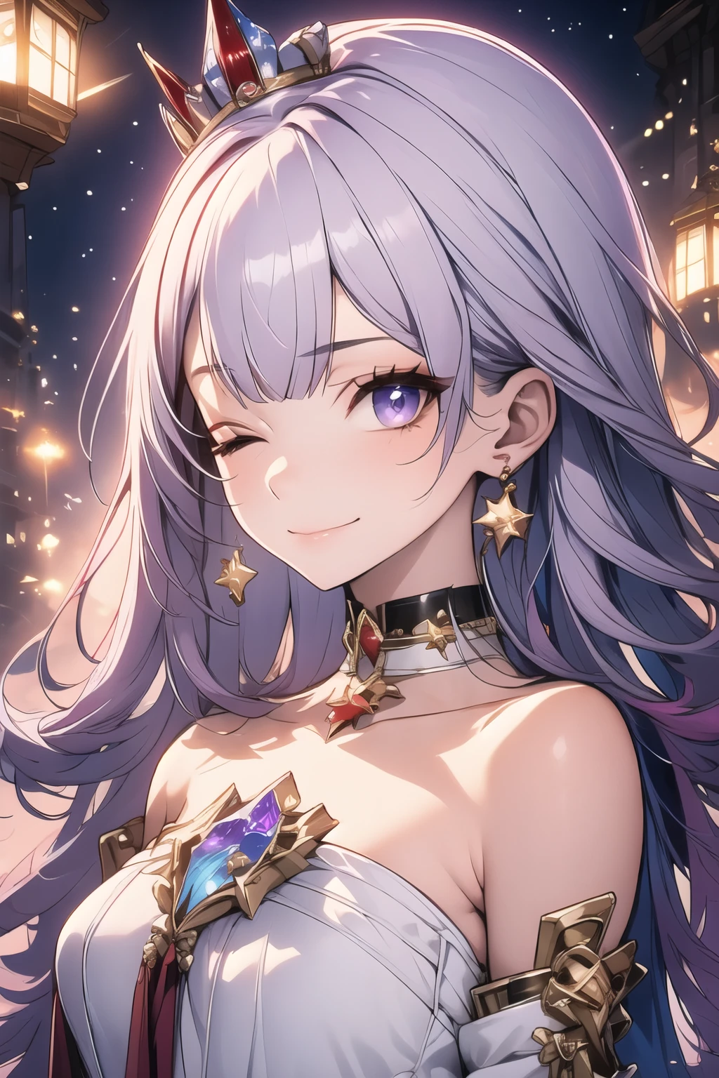 ((best quality)), ((masterpiece)), (detailed), detailed eyes, detailed hands, body image from chest to above her head, humanoid kitsune, crystal coronet crown on top of head, light purple hair, light purple fox ears, eight-point crystal star on forehead, delicate and beautiful detailing, beautiful face, well-proportioned detailed eyes, round detailed eyes and makeup, beautiful detailed and clear eyes, volume smooth and sharp, long flat bangs, fictional art, best photos, best quality, best photos, very beautiful and meticulous eight-point crystal star shape on forehead, delicate, mouth closed smile, not fully smiling