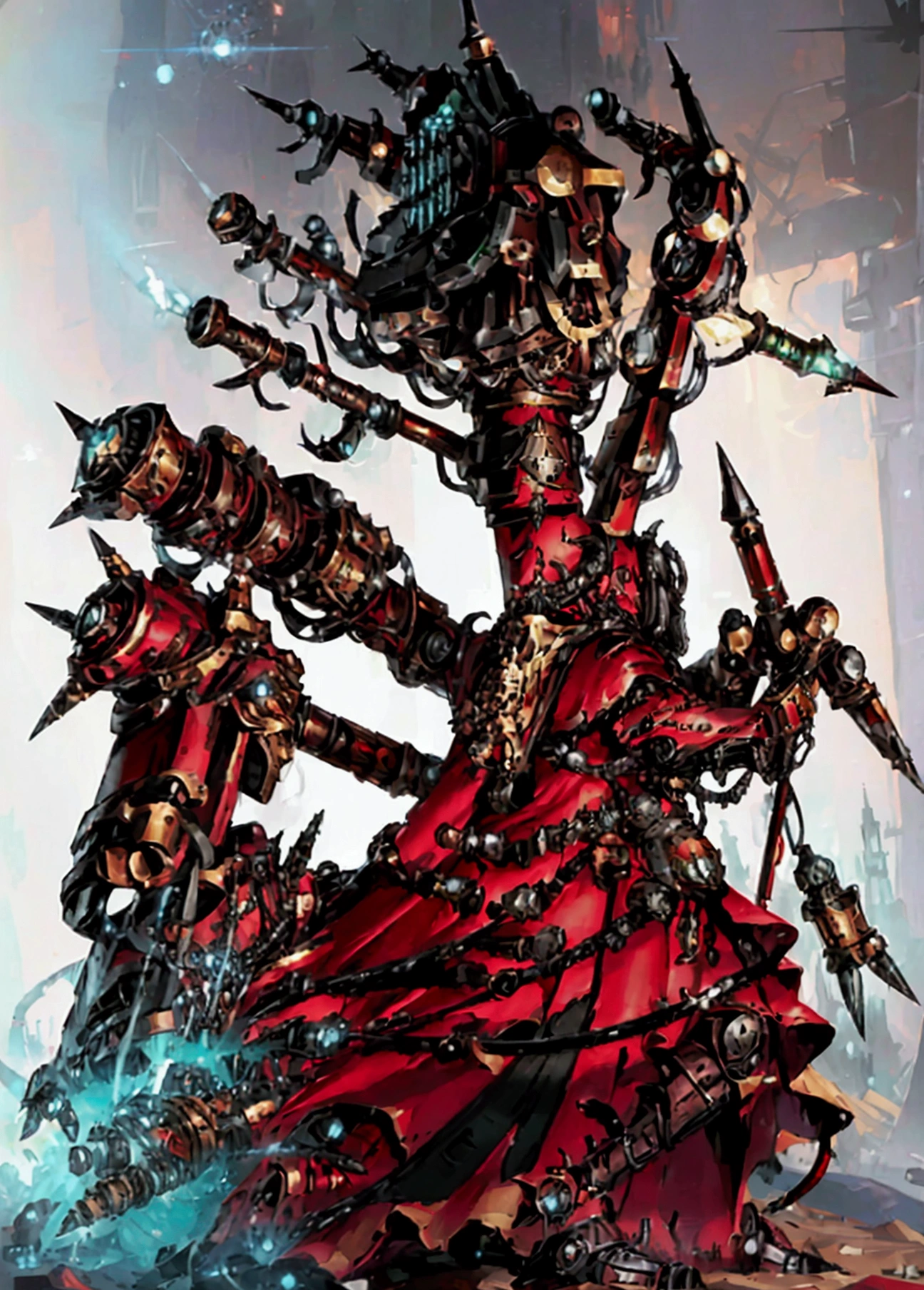 make a warhammer 40k rpg character, naughty man, adeptus mechanicus warhammer 40k, warrior monk, imponent pose, priestly vestment ( detailed outfit), holding a war staff, filled with implant, dark cathedral background (detailed back ground), robotic priest with armor.  