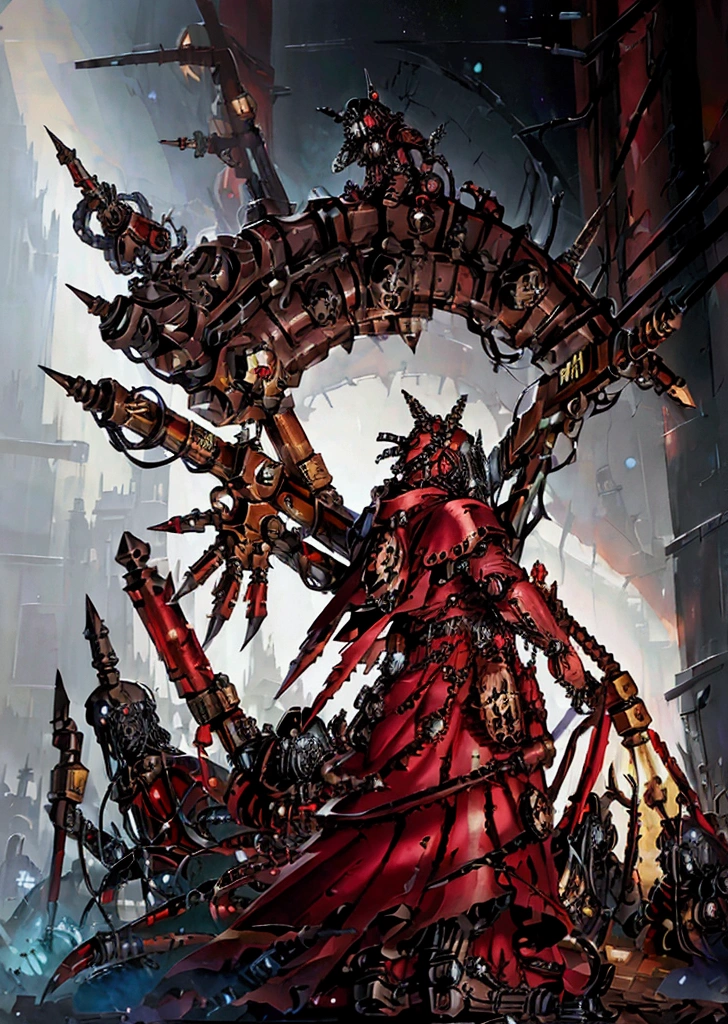 make a warhammer 40k rpg character, naughty man, adeptus mechanicus warhammer 40k, warrior monk, imponent pose, priestly vestment ( detailed outfit), holding a war staff, filled with implant, dark cathedral background (detailed back ground), robotic priest with armor.  