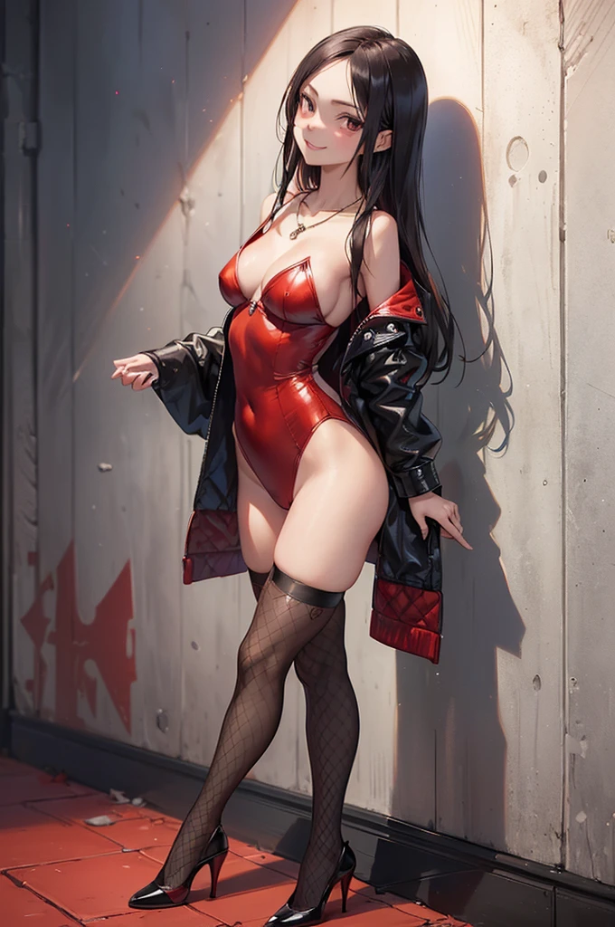 ((Biologically correct limb count)),(( From head to toe,Full-body photo including face)),4K,((Standing position)),masterpiece,((Focus on the face)),((Symmetrical facial features)),Eyes with detailed description,Beautiful woman,Great style,Beautiful arms,Beautiful legs,Beautiful Hands,(Small Ass,Thin thighs),Detailed depiction of the face,Small earrings,necklace,(Red and black one-piece((High heels,Patterned stockings))),((Leaning against a wall)),Black rubber gloves,Realistic photo,(Medium cut hair),Stand at an angle,(Eyes warp)、(Grin),(smug face)