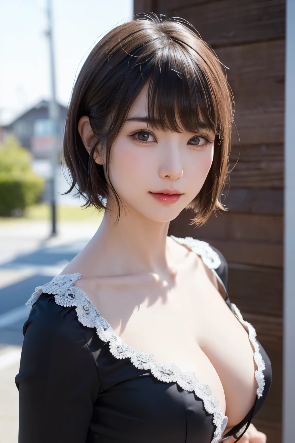 (masterpiece, Highest quality),One Girl, alone, hyper Realistic, Realistic,Realistic, Looking at the audience, Light brown eyes:1.4,Brunette Short Bob Hair with highly detailed shiny hair, Brightly colored winter clothes, Lepangas:1.4), Plein Air, Mouth closed, Upper Body、big chest eye、eyelash、{Hugeな|big chest|Hugeなな|Mega} chest:2, chestの谷間:2、{Huge|big|Hugeな|Mega} chest, chestの谷間、(((big chest eye、Short Bob Hair、Student Highlights、Gazing at the audience、She is very beautiful and cute、Listen carefully、Long neck、smile、Close your mouth and smile、bangsと美しい歯、bangs、Perfect Anatomy)))、Ideal body type、(Snowy tree-lined road in winter in Norway, Out of focus background)、美しいLong neck:1.4、