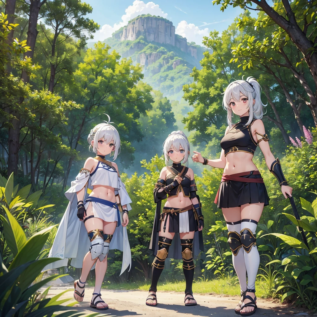 young greek warriors girls in togas , only girls , forest in the background , sandals , WHITE HAIR , forest in the background , light armor , elbow pads, knee pads, shoulder pads, black armor , sandals , sexy, exposed belly, muscular girl, defined abdomen,stomach, multiple girls, looking at viewer , PONY TAIL hair, bare shoulders, outdoors, sandals