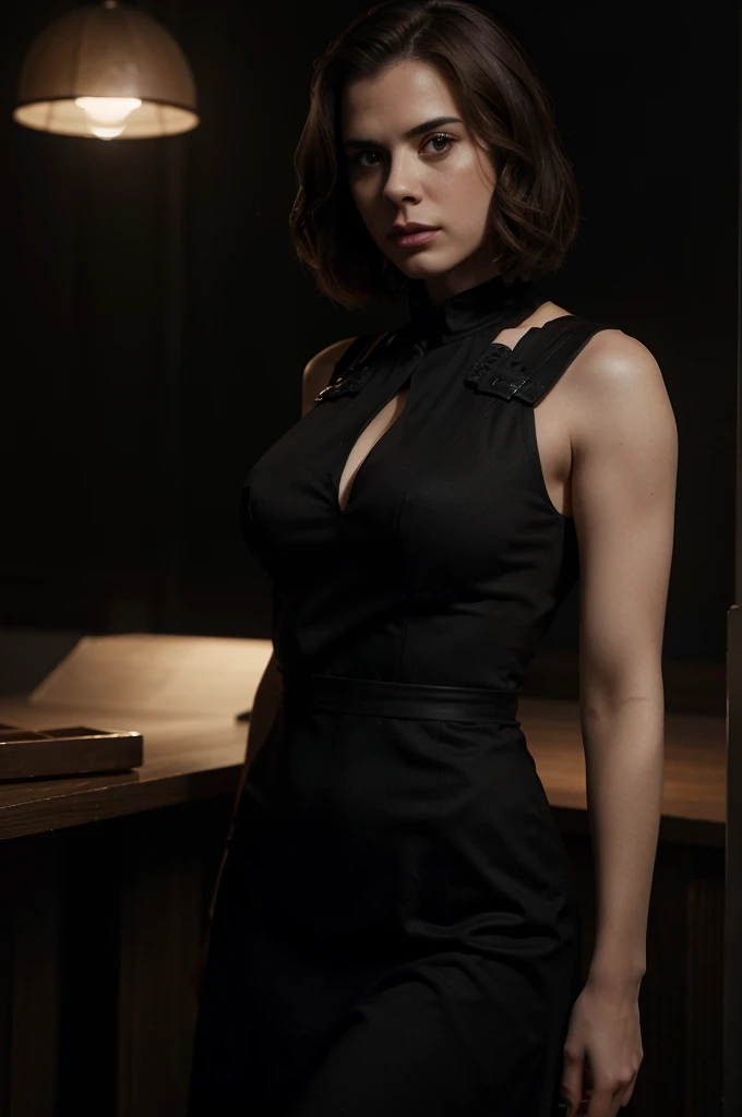 Hayley Atwell with short brown hair, serious expression, wearing a black dress, thin body, detailed face, 8k, photorealistic, high quality, masterpiece, concept art, dramatic lighting, cinematic