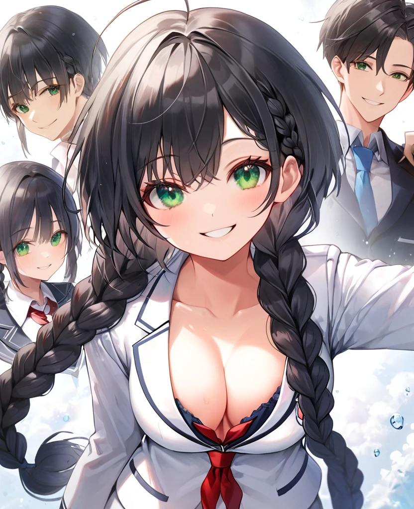 One Girl, (masterpiece), Highest quality, Black Hair, Bob, Braiding, Green Eyes, smile, (he is short), (Young), Small breasts, (No breast swelling), navy and white blazer, Red ribbon, School uniforms, High resolution