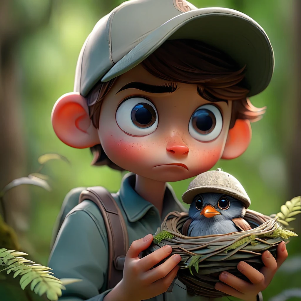 Boy wearing cap, looking at forest curious, holding an empty nest in your hands (Masterpiece artwork: 2.1) (realisitic: 1.2) (bokeh) (best qualityer) (skin detailed: 1.3) (details Intricate) (8k) (Detail eyes) (sharp focus) 2.1