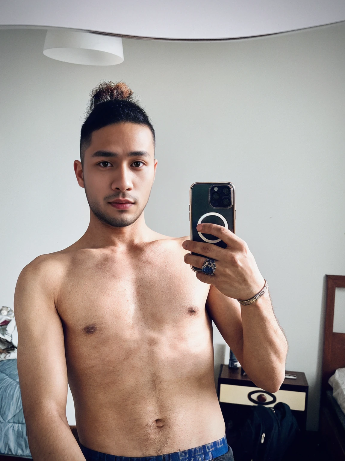 His name is Pat, a model, high quality, 1guy, ((25-year-old fit Asian man, Thai)), ((25 years old)), ((BODY TYPE: MUSCULAR)), ((dark brown COLORED Hair)), smiling, pose: standing, wearing Well-dressed ULTRA MODERN Generation-Z modern wear bright colored, BACKGROUND: "Walking along the illuminated Champs-Élysées with the Arc de Triomphe in the distance and the city lights twinkling."