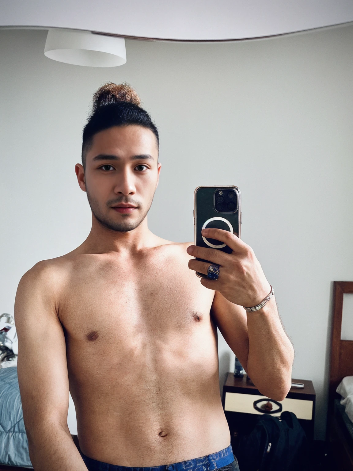 His name is Pat, a model, high quality, 1guy, ((25-year-old fit Asian man, Thai)), ((25 years old)), ((BODY TYPE: MUSCULAR)), ((dark brown COLORED Hair)), smiling, pose: standing, wearing Well-dressed ULTRA MODERN Generation-Z modern wear bright colored, BACKGROUND: "Walking along the illuminated Champs-Élysées with the Arc de Triomphe in the distance and the city lights twinkling."