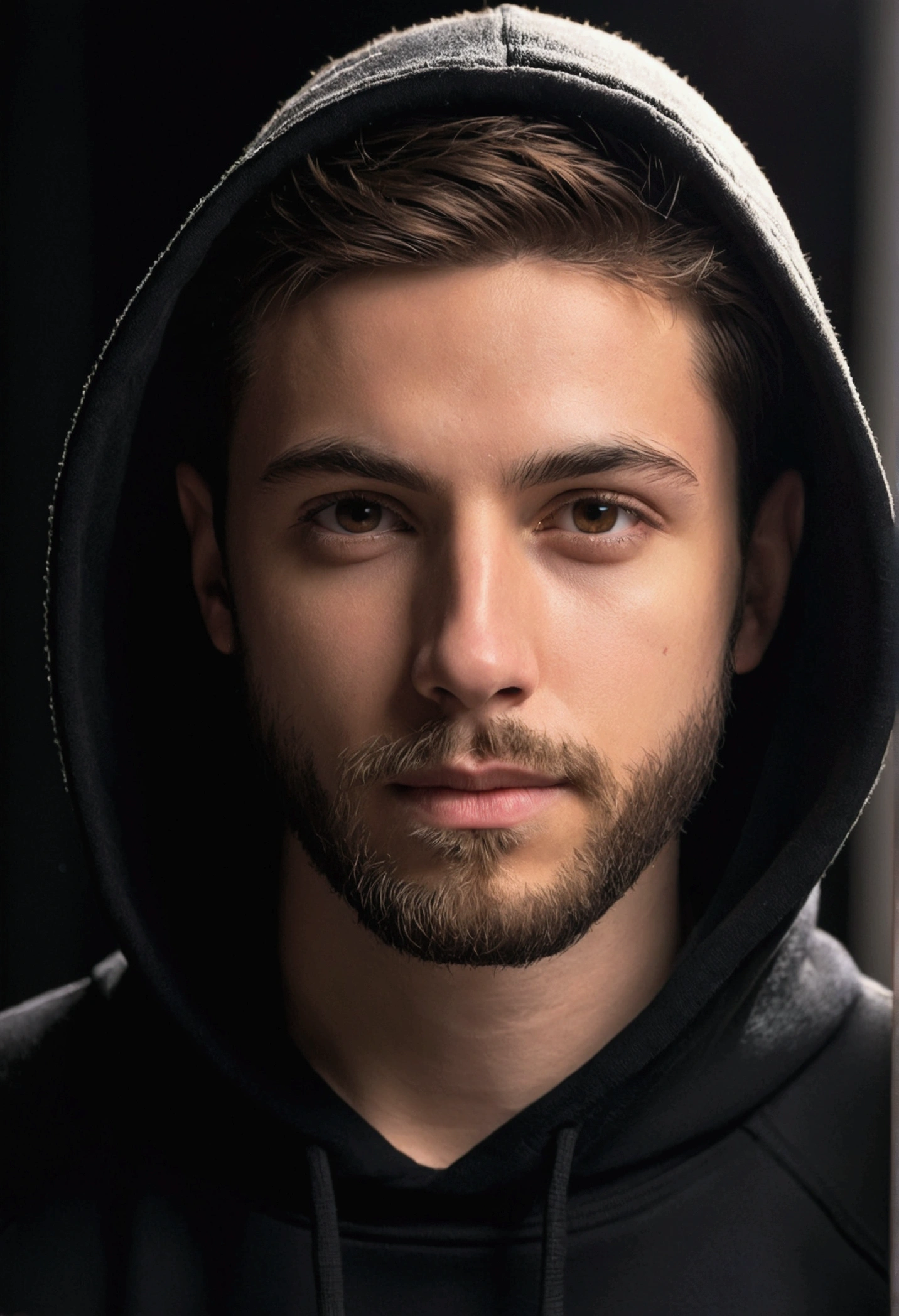 man around 24 years old, with a beard all over his face, Natural brown hair, very short cut forming a gradient, black hooded sweatshirt, lights in DARK environment, ultra sharp focus, realistic shot.
