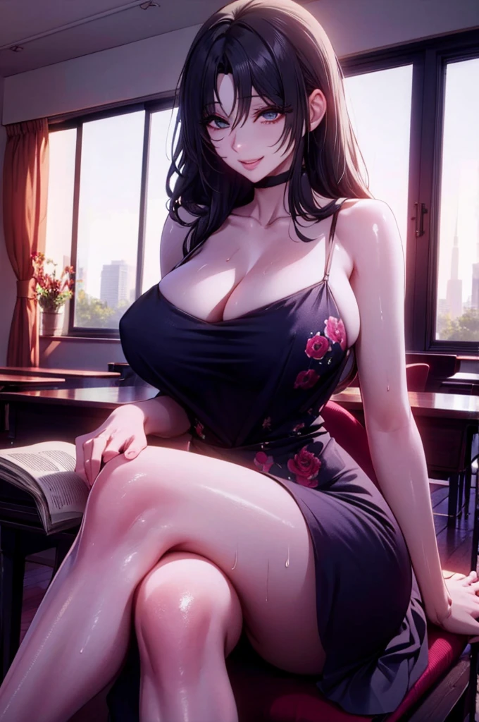 A beautiful Asian woman in her late 30s, with long black hair styled in soft waves. She is wearing a summer teacher outfit consisting of a light, floral dress that falls just above her knees and a pair of white sandals. She has a cheerful and engaging expression. The setting is a bright and airy classroom with large windows letting in sunlight. She is sitting on the edge of a desk, legs crossed, holding a book open on her lap and smiling at the camera. Her summer outfit complements her vibrant and approachable demeanor