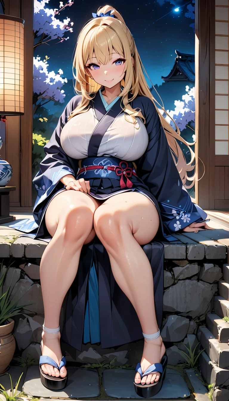 Highest quality, masterpiece, figure, wallpaper, girl, alone, big breasts, tight short sexy kimono, Japanese sandals, full body, blonde hair, semi-long hair, beautiful detailed girl, highly detailed eyes and face. Beautiful attention to detail, smile, bright, clean.空, look at your viewers, outside, night sky, stars, loafers, straight hair, purple petals, violet and blue flowers, blue eyes, ponytail, blue ribbon, thick and well defined thighs. Beautiful, big breasts, red eyes, full body, in the Japanese countryside, Japanese style houses.