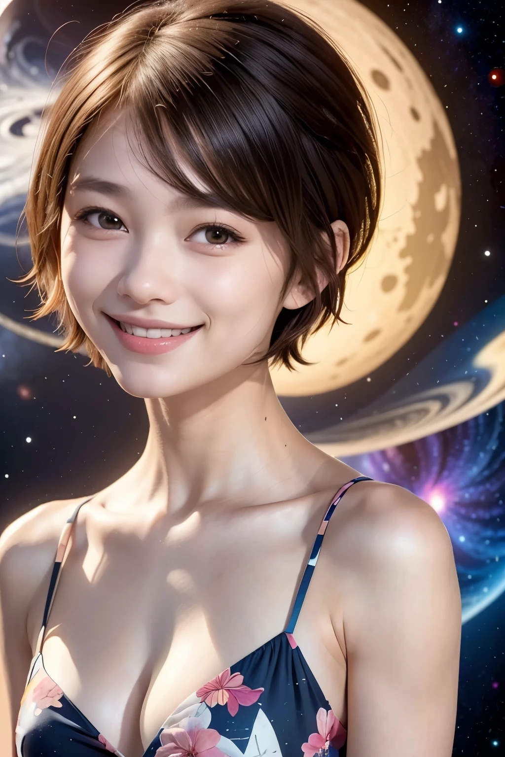 258 19-year-old female, (short hair),(Abstract background,universe), smile, flower