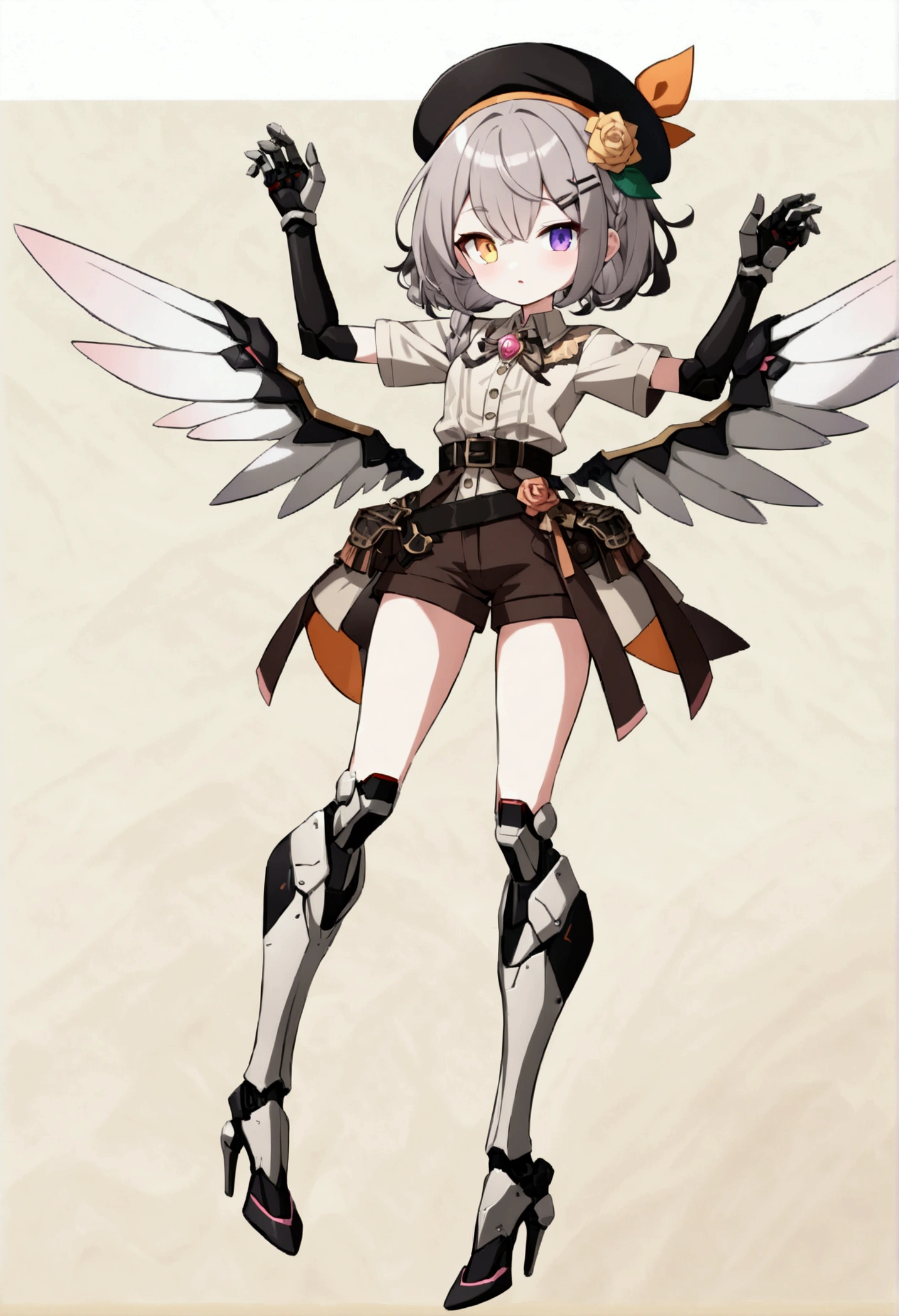 woman 165cm tall, (whole body: 1.5), slim build, , charming look, wide hip, ((heterocromia: ojo right naranja y ojo izquierdo violeta)), (Shoulder Length Wavy Gray Hair, a medium braid on the left side of the hair: 1.2, big open bangs, largo flequillo en el lado izquierdo y right del cabello sobre las mejillas , golden gear hairpin on the left side of the hair: 1.1), (((complex mechanical legs up to the hip, The legs are black with gray parts and small pink details))), (((complex mechanical arms up to the elbows, The arms are black with gray parts and small pink details))), ((a pair of complex white mechanical angel wings with pastel green parts)), (elegant black French beret, orange rose ribbon on the beret: 1.2), (stylish white short sleeve button down shirt, dark brown shorts with straps from the waist, elegant black belt, small rose brooch on shirt collar, beautiful mechanical stilettos), (((full body character design sheet: vista 3/4))), ((Pastel yellow background)), extremely detailed hair, beautiful detailed clothing, extremely detailed arms, extremely detailed face, (Extremely detailed hands), perfect hands, beautiful detailed eyes, beautiful detailed lips, adorable, extremely detailed legs, (Best Quality, 8k, ultra resolution), ultra detailed, Exquisite and epic character art, (Focus on symmetry), (extremely detailed wings), (body position: standing, right, symmetrical), looking at the viewer, small face.