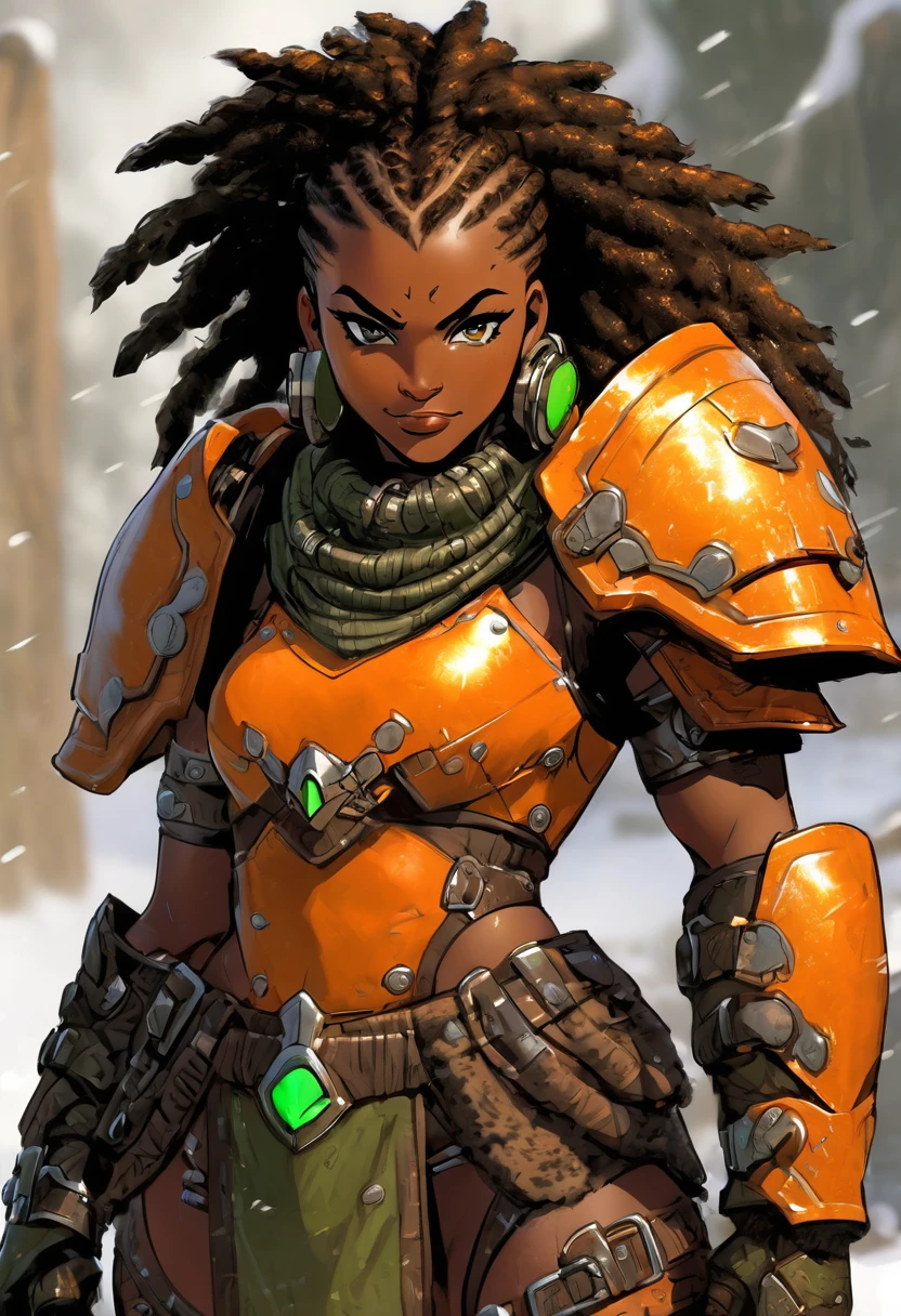 imagine a high tech barbarian combining futuristic heavy orange power armor with primitive (barbaric furs) and loin cloth, her outer armor is a bold orange while her under layers are a dark green. under the armor liner covers her upper body and arms under the armor. The power armor has chipped pain and scratches from many battles, it has rivets and a very heavy looking chest plate, there are hoses on the chest plate. visible wires pistons and gears connect the shoulder pads to the armored gloves. She is a muscular African woman with her short hair pulled back in dreadlocks. Black fur lines the shoulder pads, she wears a (black fur loincloth:1.1), bare legs, bare thighs. Fur boots