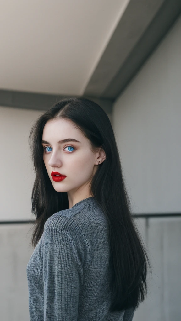 A beautiful 20 year old girl. Pale face with dark circles. blue eyes and red lips. long and straight black hair. Athletic slim body. Wearing black sweater. 8k. uhd. Hyper-realistic.