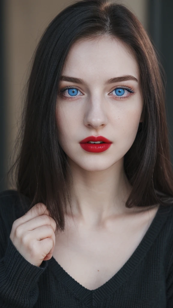 A beautiful 20 year old girl. Pale face with dark circles. blue eyes and red lips. long and straight black hair. Athletic slim body. Wearing black sweater. 8k. uhd. Hyper-realistic.