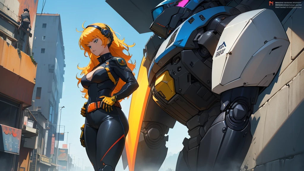 Close-up of a plump girl in a mechanical bodysuit, ((character concept art)), ((Character design sheet, same character, on front, from on the side, At the back)) Character image, mecha game character design, Mecha game character design, long hair, hair color: Blondie with blue bangs, Age: 17, eyecolor: black, She wears gloves on her hands, Wears mecha boots. During the use of certain abilities, A soft helmet is formed on the head of  nano parts. She has a code name around her neck, expert high detail concept art, Concept art of a mecha armored girl, Fun character design. ConceptArt, belt buckle at the waist,Mecha style weapons,A