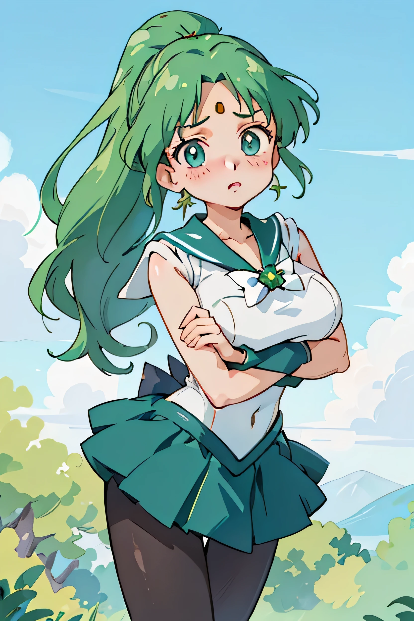 Tabletop, Highest quality, One Girl, (Sailor Neptune),Green Hair, (Green Eye:1.2),((leotard))、((Knee-high boots))、((pantyhose))、Hair length、ponytail、((Embarrassed expression))、((Poses that accentuate the chest))、((mini skirt))、((threshold)), Beautiful and sexy women、Cowboy Shot、solo、Hoophain、Long black styled hair、blue eyes、Parted lips、Showing off huge breasts、Wearing sexy white transparent lingerie art style by Adam Hugheasterpiece、Perfect pose、High Quality、Fine Lines、Thin stroke、Ink painting style、Soft colors、Fluid brushstrokes、Low - Angle、Reusch、ArtJam、by Darek Zabrocki、Jean＝Painting in the style of artists such as Baptiste Monge