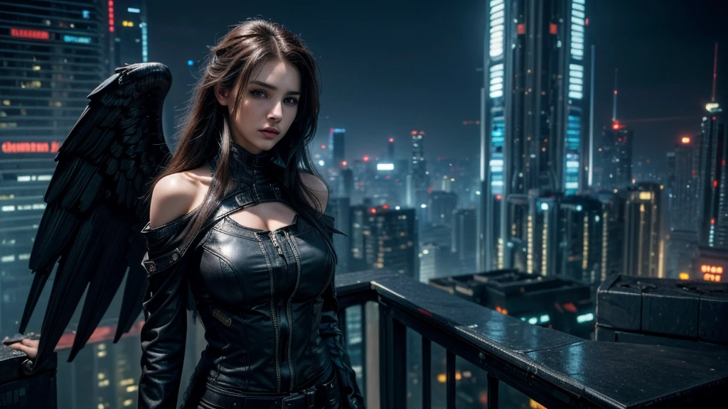 ((masterpiece, best quality, Highest image quality, high resolution, Reality, RAW photos, 8K)), Future city ruins,standing on top of the building,Beautiful girl,Tight leather jacket,Off-shoulder,Large Breasts,Long hair,(Black Wings),Pretty face,Closed mouth,dramatic,Mid-range portrait,dusk