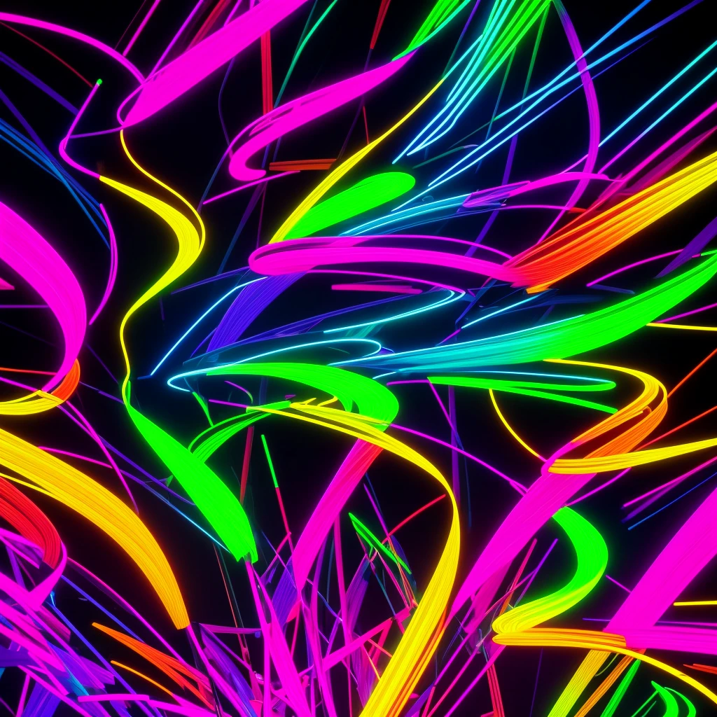 Create an image featuring vibrant neon-colored lines. The lines should be bold and dynamic, with a variety of neon colors such as pink, blue, green, and purple. Arrange the lines in an abstract, energetic pattern that flows across the canvas, intersecting and creating a sense of movement and depth. The background should be dark or black to enhance the luminosity of the neon colors. The lines can vary in thickness and intensity, with some appearing to glow more brightly than others, adding a sense of depth and contrast to the composition.