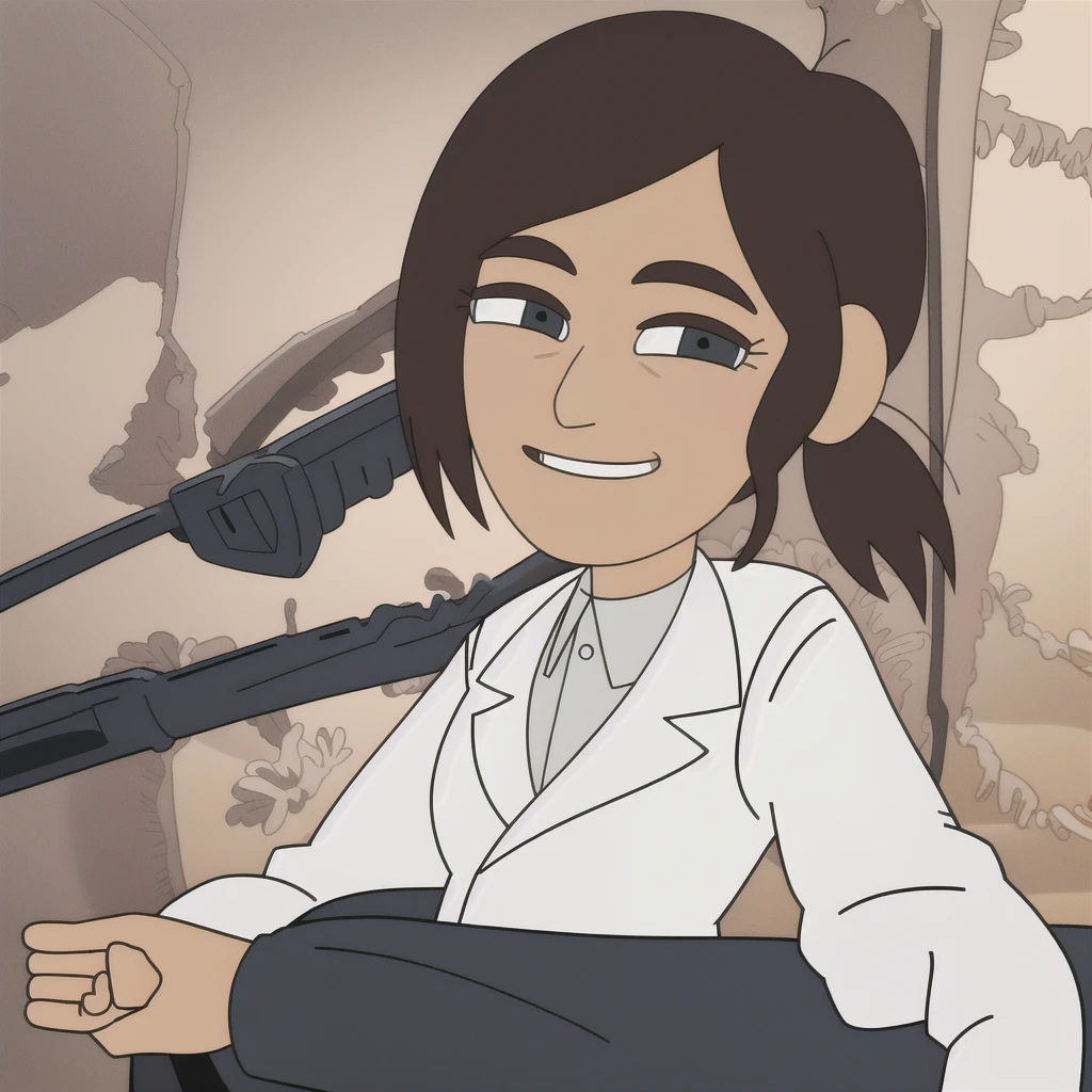 1girl, 4k, best quality, looking at viewer, open coat, white shirt, detailed face, removing jacket, smile, indoors, dot eyes, ((upper body)), ponytail, friendship day,