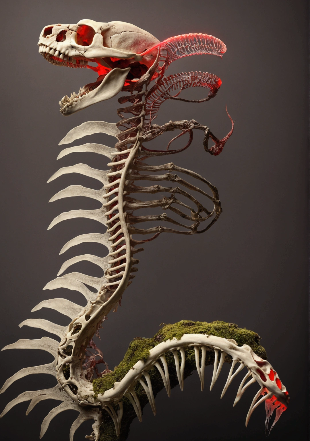 Side profile view: Snake skeleton with ribs, bones and head skull skeleton receiving medium soft red light from below, some moss on the back and dead scale wings. Snake skull with mosses and snake skull mouth with red tones